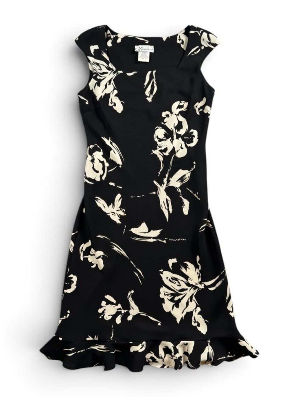 Vintage Dressbarn Floral Sheath Dress Midi Ruffle Cream & Black Women's Size 10